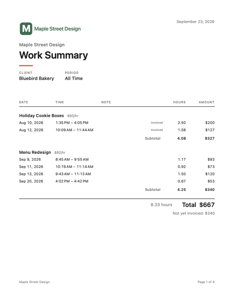 A clean one-page work summary PDF with a business logo, each session's date, time, hours and amount, and a total.