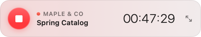 The compact Chukka timer: a stop button, the client and project name, and the running time.